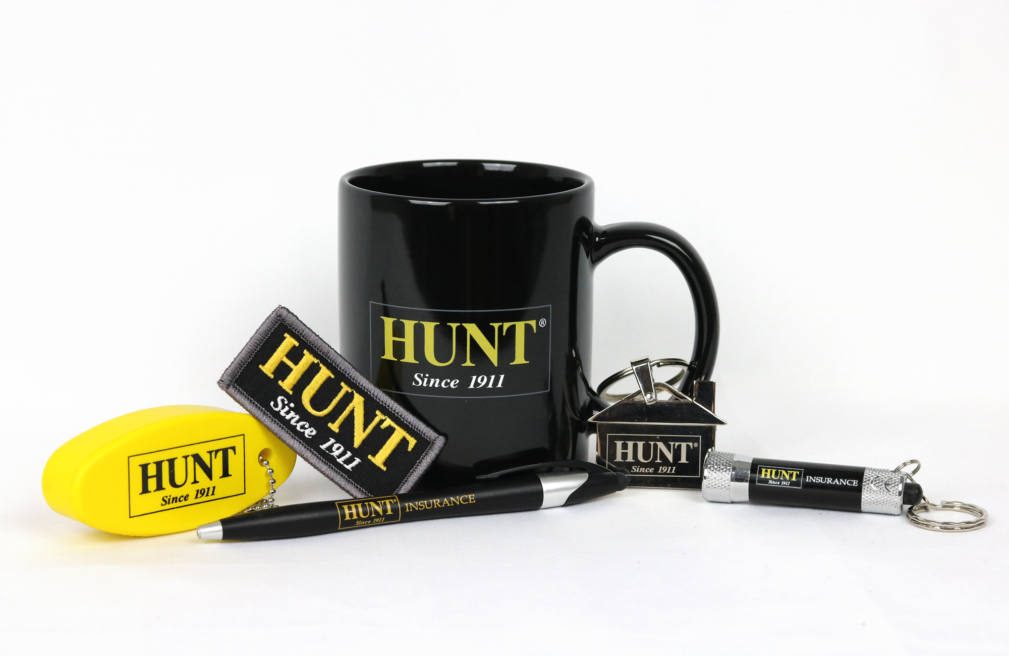 Hunt pens, mug, key chain, and mini flashlight corporate merchandise