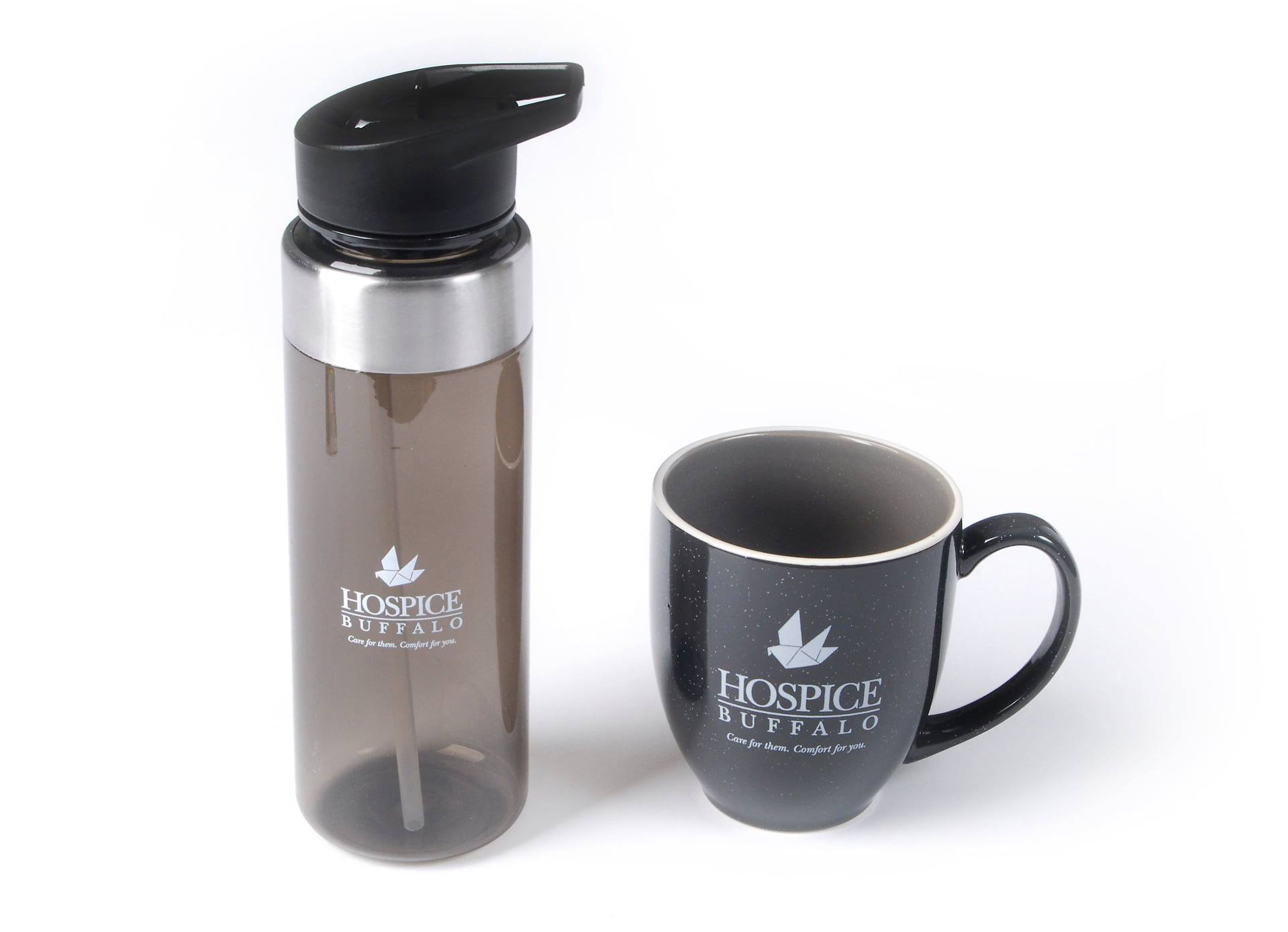 Hospice Buffalo water bottle and mug merch